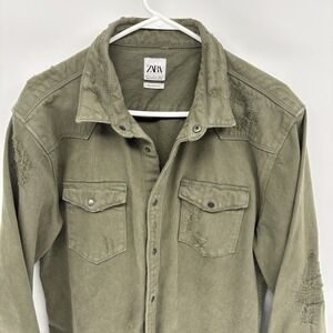 Zara Distressed Green Military Jacket Relaxed Fit Button Snap Field Chore Men XL